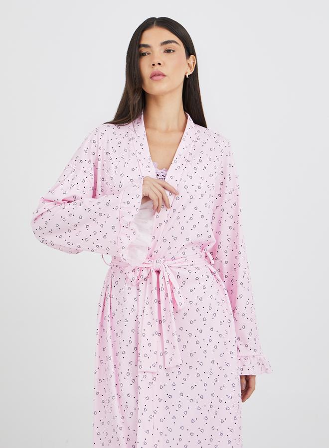 Styli Ribbed Texture Heart Print Ruffle Sleeve Robe - Image 3