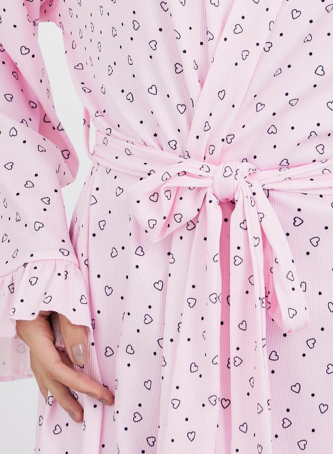 Styli Ribbed Texture Heart Print Ruffle Sleeve Robe - Image 4
