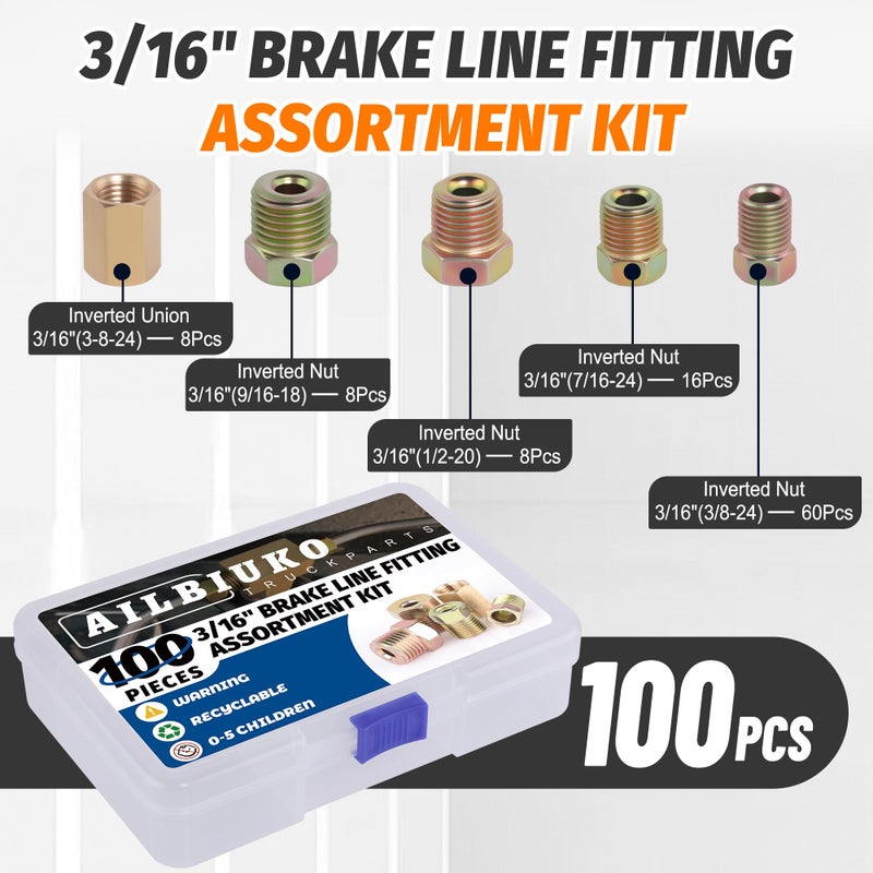 Ailbiuko 100Pcs 3/16" Brake Line Fittings Assortment Kit,3/8 Inch-24 Threads Nuts and Unions,7/16 Inch-24 Thread,1/2 Inch-20 Thread,9/16 Inch-18 Thread Nut - Image 2