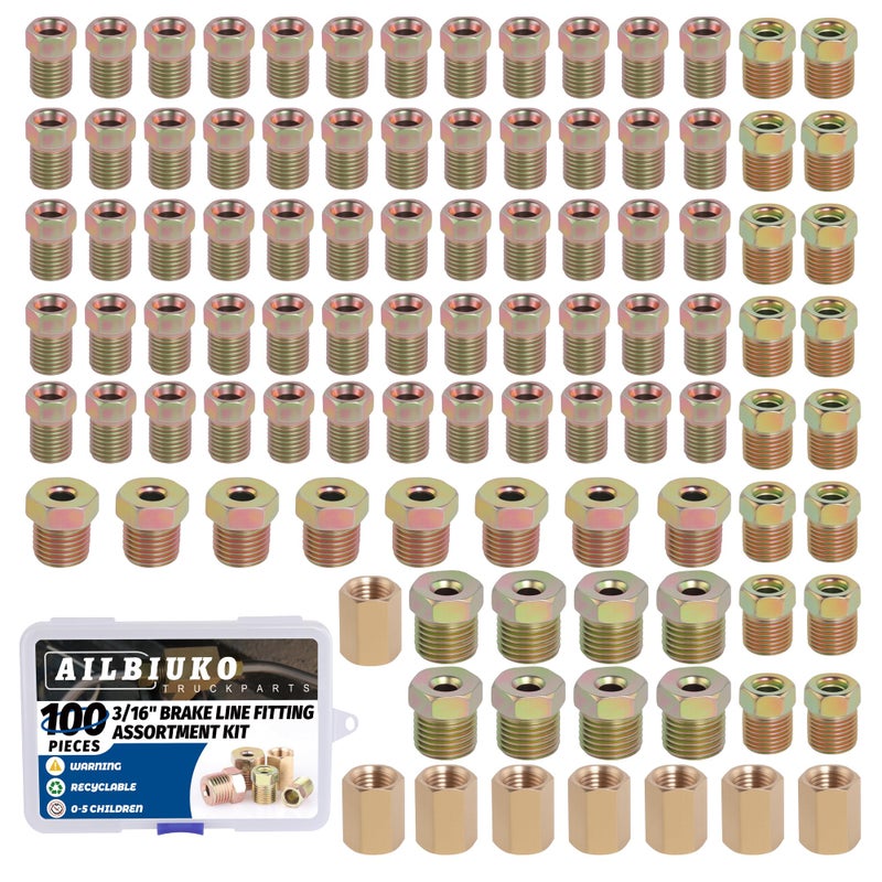 Ailbiuko 100Pcs 3/16" Brake Line Fittings Assortment Kit,3/8 Inch-24 Threads Nuts and Unions,7/16 Inch-24 Thread,1/2 Inch-20 Thread,9/16 Inch-18 Thread Nut - Image 1