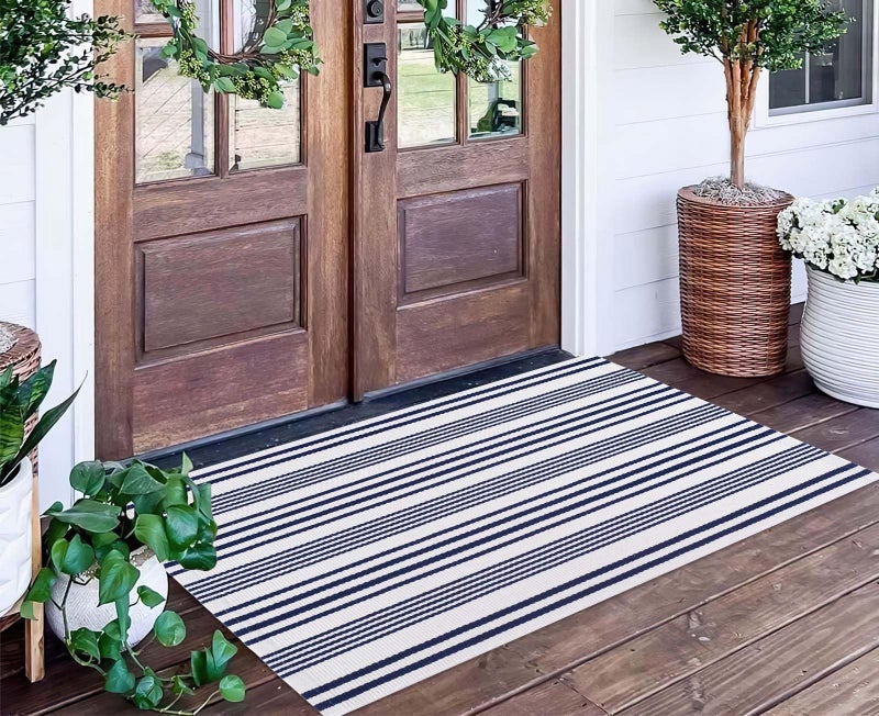 BUAGETUP Blue and White Outdoor Rug 24'' x 51''Front Porch Rug Hand-Woven Machine Washable Indoor Layered Door Mats for Entryway/Bedroom - Image 1