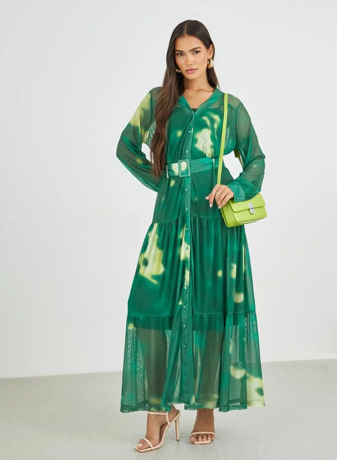 Styli Styli Tie and Dye Print V Neck Shirt Maxi Dress with Belt