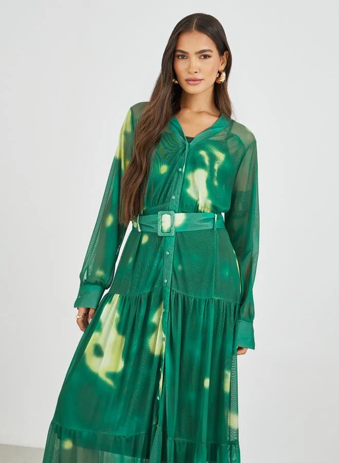 Styli Styli Tie and Dye Print V Neck Shirt Maxi Dress with Belt