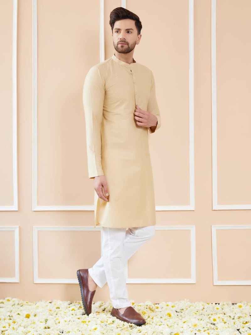 See Designs Men Full Sleeve Side Slit Cream Cotton Solid Straight Mandarin Collar Kurta - SDKT2412L - Image 3