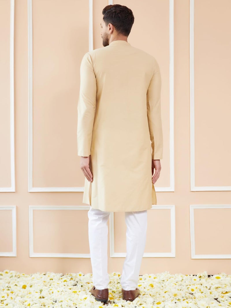 See Designs Men Full Sleeve Side Slit Cream Cotton Solid Straight Mandarin Collar Kurta - SDKT2412L - Image 4