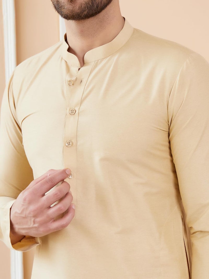 See Designs Men Full Sleeve Side Slit Cream Cotton Solid Straight Mandarin Collar Kurta - SDKT2412L - Image 2