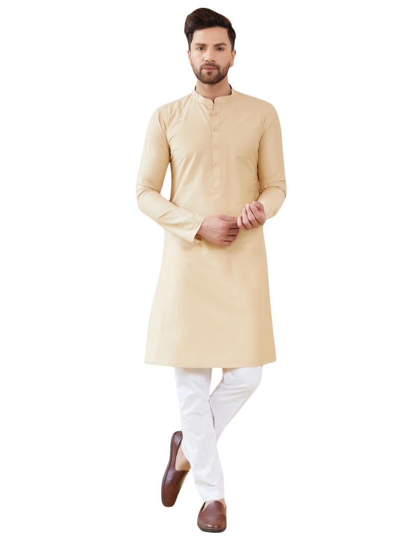 See Designs Men Full Sleeve Side Slit Cream Cotton Solid Straight Mandarin Collar Kurta - SDKT2412L - Image 1