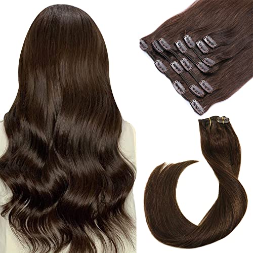 Ubetta Clip in Hair Extensions, Dark Brown Remy Human Hair Extensions Clip in 7 Pieces 70g Silky Straight Double Weft Real Hair Extensions 15 Inch Clip on for Women - Image 1