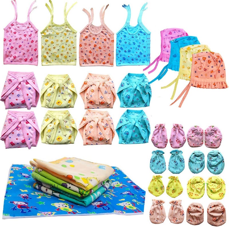 KmCho New Born Baby Jhabla, Nappy, Mittens Cap Hosiery Cloth Set 28 – Soft & Gentle Cotton Essentials for Your Little One, Multicolour, Standard - Image 1