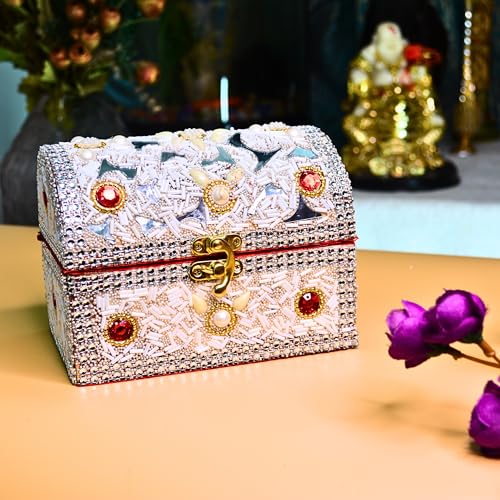 santarms Wooden Jewellery Box with Lock, White Vanity with Beads Work Craft, Handmade Shringar Box for Women, Wedding, Dulhan, Valentine Gift, Makeup Storage Box - Pack of 1 - Image 1
