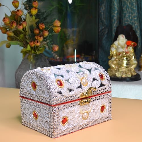 santarms Wooden Jewellery Box with Lock, White Vanity with Beads Work Craft, Handmade Shringar Box for Women, Wedding, Dulhan, Valentine Gift, Makeup Storage Box - Pack of 1 - Image 5