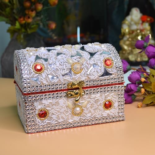santarms Wooden Jewellery Box with Lock, White Vanity with Beads Work Craft, Handmade Shringar Box for Women, Wedding, Dulhan, Valentine Gift, Makeup Storage Box - Pack of 1 - Image 4