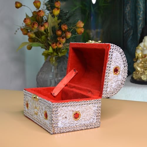 santarms Wooden Jewellery Box with Lock, White Vanity with Beads Work Craft, Handmade Shringar Box for Women, Wedding, Dulhan, Valentine Gift, Makeup Storage Box - Pack of 1 - Image 2