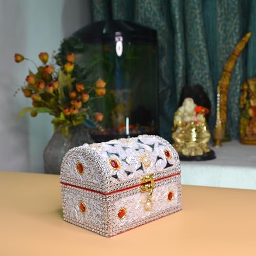 santarms Wooden Jewellery Box with Lock, White Vanity with Beads Work Craft, Handmade Shringar Box for Women, Wedding, Dulhan, Valentine Gift, Makeup Storage Box - Pack of 1 - Image 3