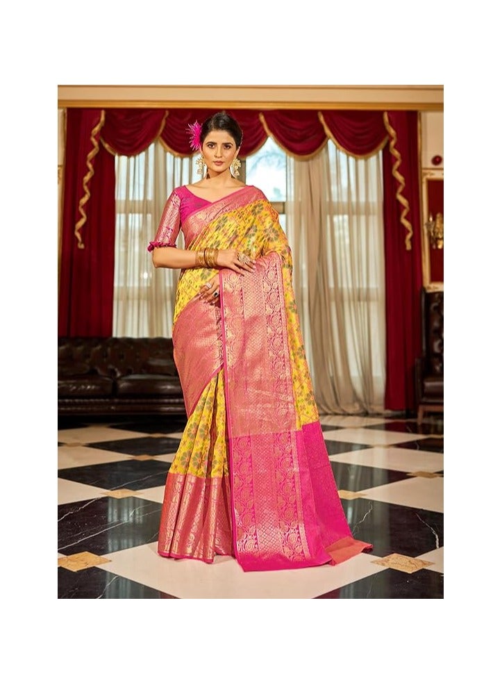 مملكة الإكسسوارات ساري حريري كانجيفارام باناراسي للسيدات لحفلات الزفاف الحريرية مع تصميم بالو الغني للنساء مع قطعة بلوزة غير مخيطة - Image 3