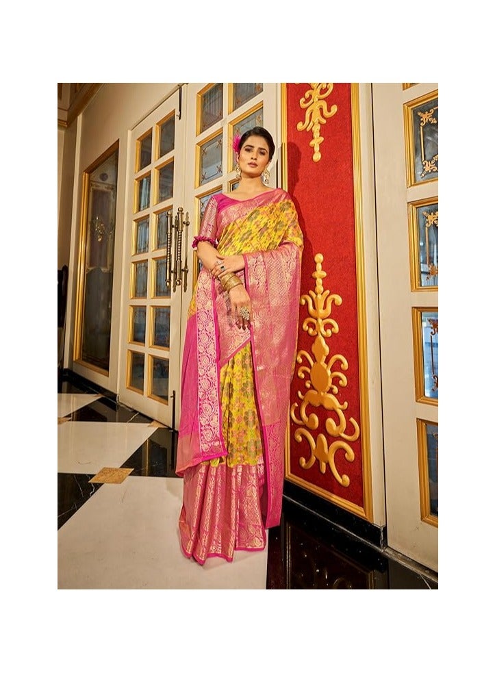 مملكة الإكسسوارات ساري حريري كانجيفارام باناراسي للسيدات لحفلات الزفاف الحريرية مع تصميم بالو الغني للنساء مع قطعة بلوزة غير مخيطة - Image 4