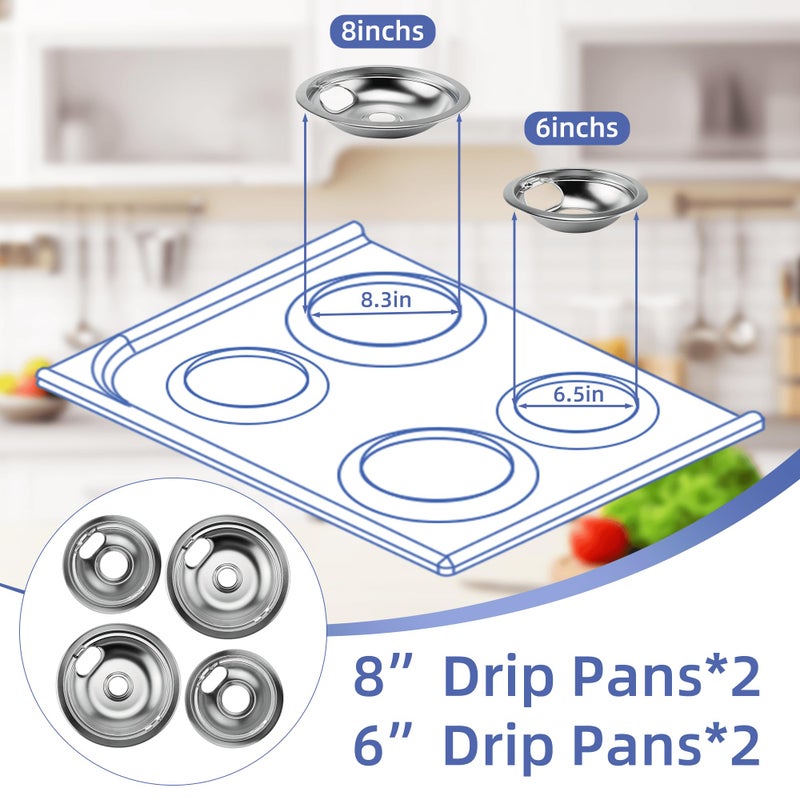 Pulluty W10196406 and W10196405 Chrome Stove Burner Drip Pan Set for Whirlpool Amana Maytag Magic-Chef Kenmore Electric Range with Locking Slot, Includes 2 6-Inch and 2 8-Inch Drip Bowls - Image 4