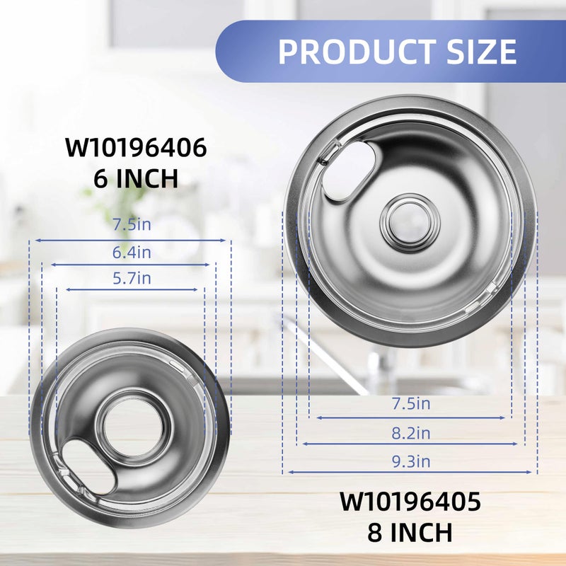 Pulluty W10196406 and W10196405 Chrome Stove Burner Drip Pan Set for Whirlpool Amana Maytag Magic-Chef Kenmore Electric Range with Locking Slot, Includes 2 6-Inch and 2 8-Inch Drip Bowls - Image 3