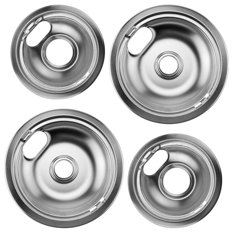 Pulluty W10196406 and W10196405 Chrome Stove Burner Drip Pan Set for Whirlpool Amana Maytag Magic-Chef Kenmore Electric Range with Locking Slot, Includes 2 6-Inch and 2 8-Inch Drip Bowls - Image 1