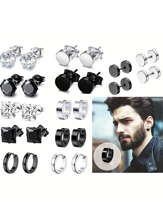 Happy D 12 Pairs Stainless Steel Earrings Men Cubic Zirconia Fashion Black Earrings Set For Women Girls Stud Earrings - Image 2