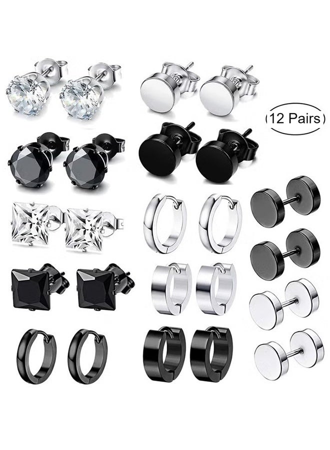 Happy D 12 Pairs Stainless Steel Earrings Men Cubic Zirconia Fashion Black Earrings Set For Women Girls Stud Earrings - Image 1