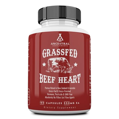 Ancestral Supplements Grass Fed Beef Heart Supplement 3300mg CoQ10 Supplement Supports Heart and Mitochondrial Health NonGMO 180 Capsules