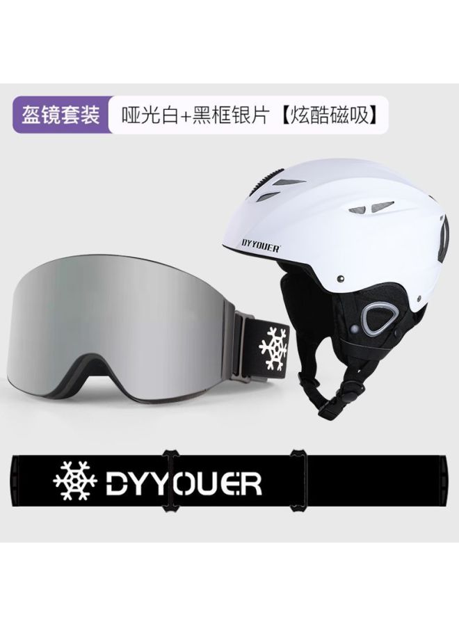 Ski Helmet for Men Women with Magnetic Snow Goggles, Matte White Black Frame Silver Piece, Large Field of View