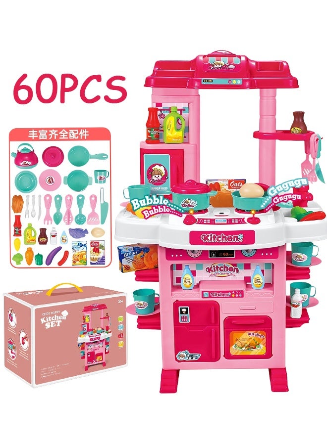 60 PCS Pretend Play Kitchen Toy Set with Realistic Light & Sound - Kids Cooking Playset with Interactive Accessories, Role Play Games for Girls & Boys Ages 3+ - Image 2