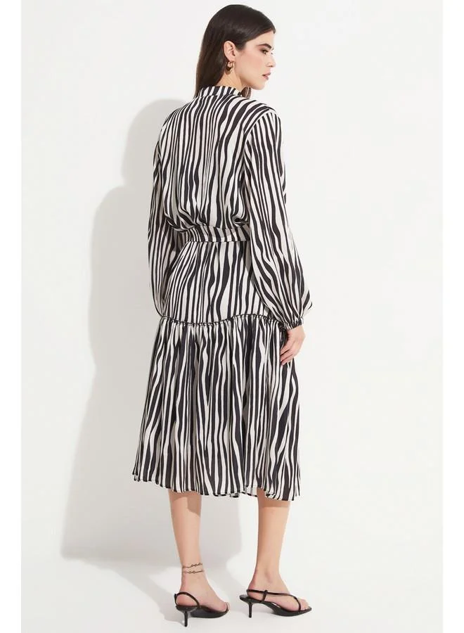 JUNE Striped Shirred Midi Dress