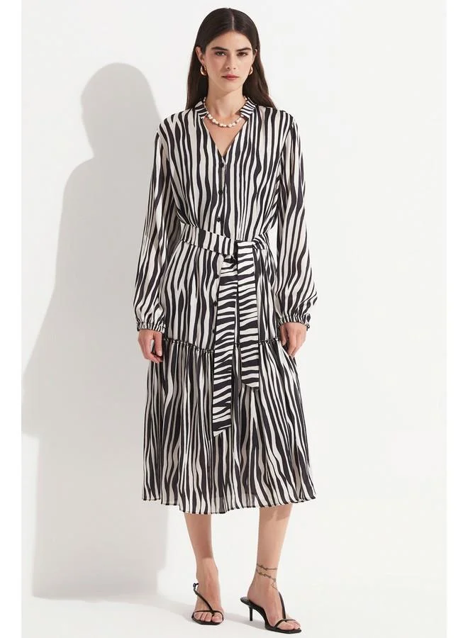 JUNE Striped Shirred Midi Dress