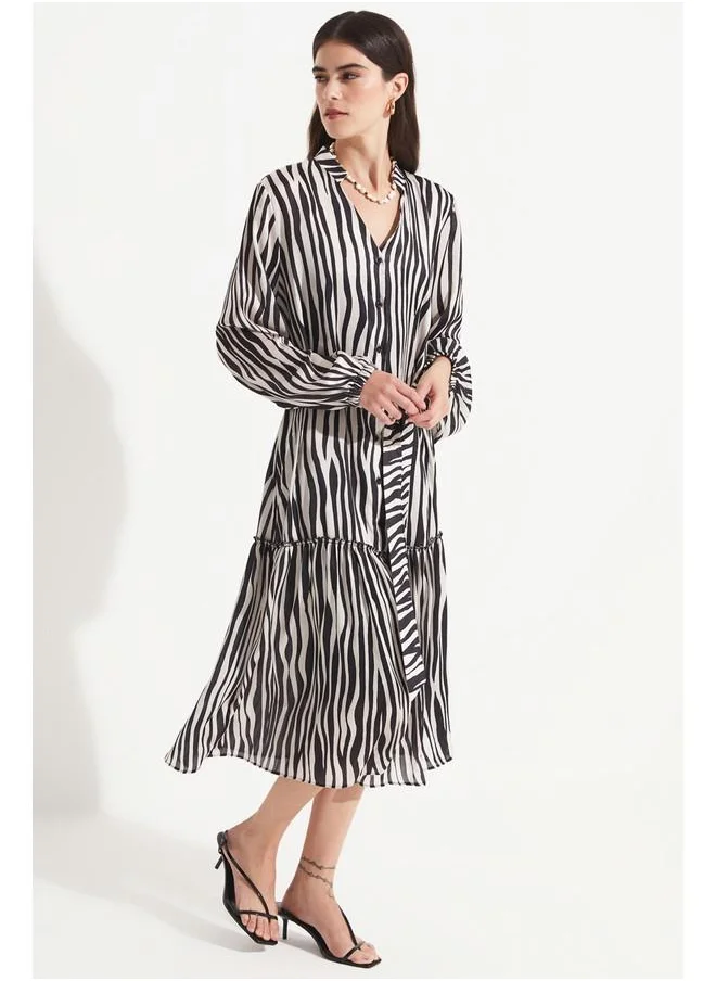 جون June Women Zebra Patterned Waist Tie Detailed Dress Black