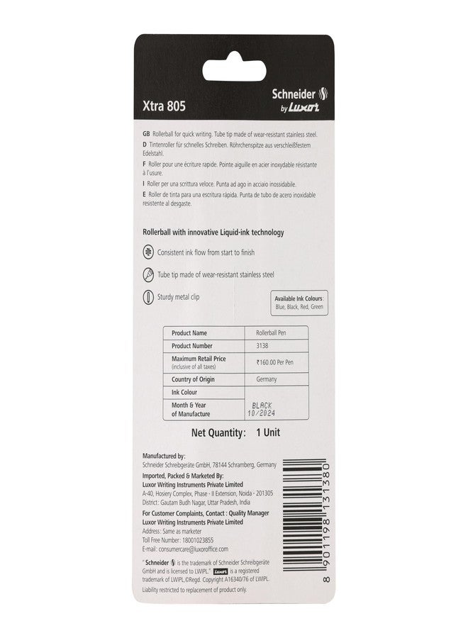 Luxor Schneider Xtra 805 Roller Ball Pen | 0.5mm Needle Tip |Cap off 2-3 Days | Ink Colour Black |German Technology - Image 2