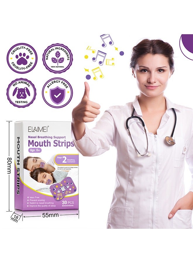 إليمي 30 قطعة تصحيح التنفس الفم التصحيح - مكافحة الشخير ملصق أقمشة غير منسوجة ملصق مضاد للشخير ملصق تصحيح الفم للأطفال نوم ليلة للبالغين - المرحلة 2 - Image 3