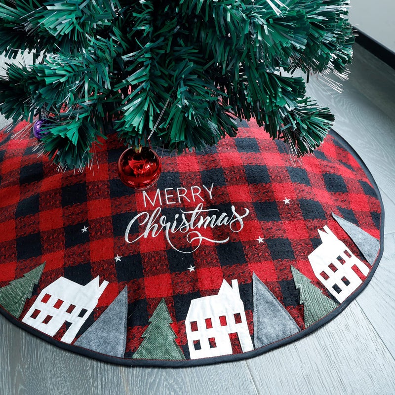 Juegoal 32 Inch Christmas Tree Skirt Soft Red and Black Plaid Xmas Tree Mat for Christmas Party Home Decor