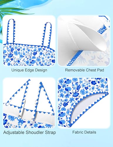 ADIFUN Girls Swimsuits, Teen Bathing Suits for Girl 12-14 Adjustable Shoulder Straps with Chest Pad Bikini with Cover Up Skirt 3Pcs Swimwear Set Blue Flower - Image 5