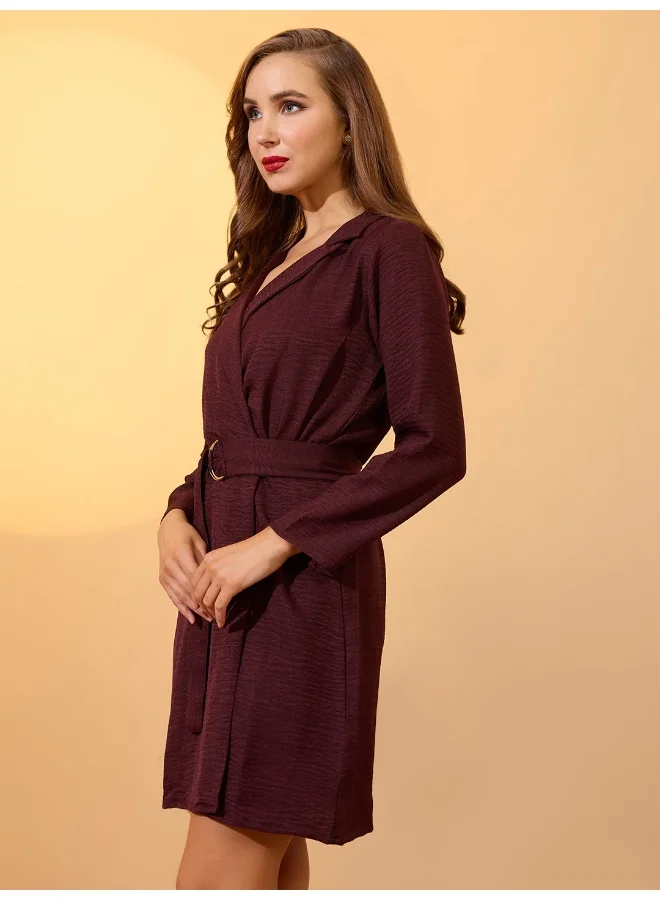 globus Globus Women Self Design Notched Collar Long Sleeves Wrap Belted Workwear Dress