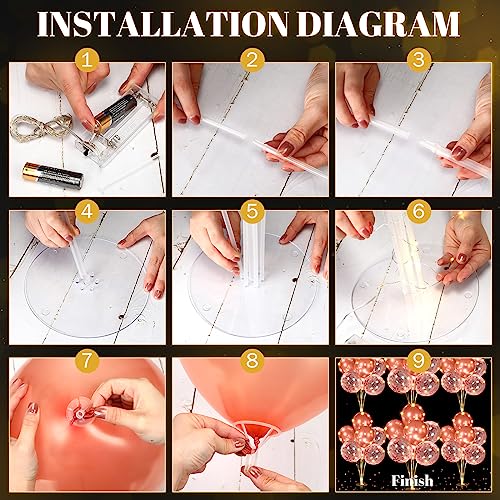 Junkin 6 Set Balloons Centerpieces for Table with LED String Light 60 Pcs Balloons Light up Table Balloon Stand Centerpieces for Graduation Birthday Baby Shower Wedding Bridal ShowerRose Gold - Image 5