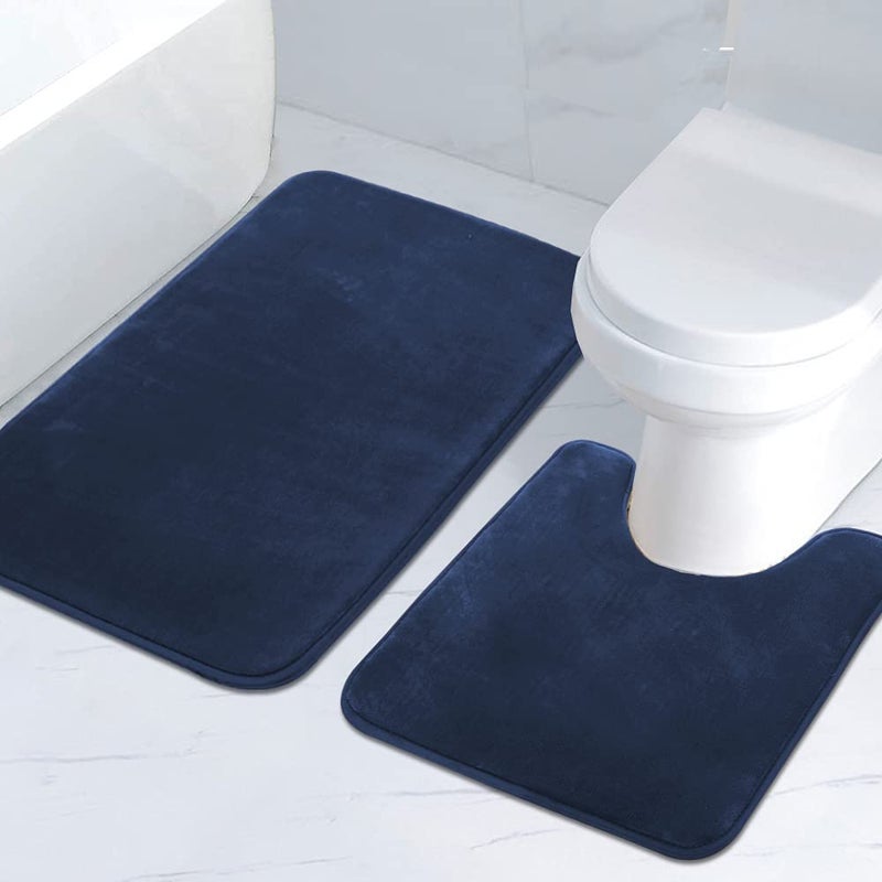 H.VERSAILTEX HVERSAILTEX Bath Mat Memory Foam Set Bathroom Rug Set Flannel Velvety Bath Mat Luxury Extra Soft and Absorbent Non Slip Rugs for BathroomBedroom WashableCurved Set 24x 36 Plus 20x 24U Navy