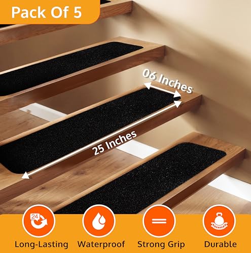 ThreadNanny Stair Treads Non Slip for Wooden Steps Indoor and Outdoor - Grip Tape for Stairs Concrete Steps (Works on All Surfaces & Weather), Waterproof Anti Slip Tape, Strong Non Skid Tapes 6” X 24” (5-Pack) - Image 3