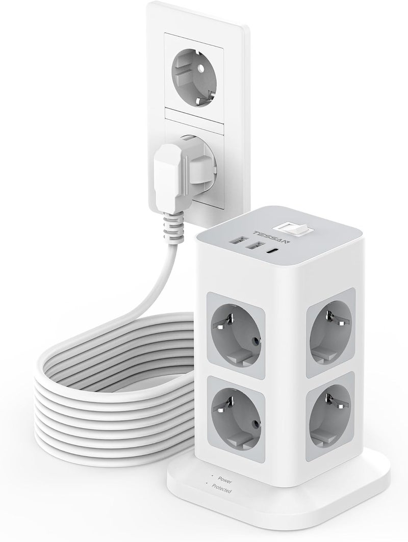 TESSAN 10M Extension Cable, Multiple Outlet, Surge Protection, 8 Way Power Strip with 3 USB, Multiple Distribution Socket with 10M Extension Cord, Socket Tower for Home - Image 1
