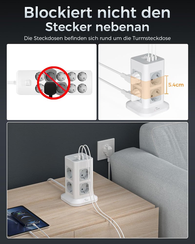TESSAN 10M Extension Cable, Multiple Outlet, Surge Protection, 8 Way Power Strip with 3 USB, Multiple Distribution Socket with 10M Extension Cord, Socket Tower for Home - Image 3