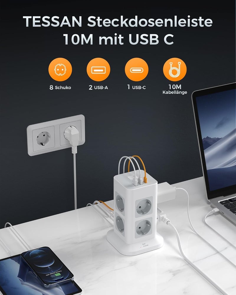 TESSAN 10M Extension Cable, Multiple Outlet, Surge Protection, 8 Way Power Strip with 3 USB, Multiple Distribution Socket with 10M Extension Cord, Socket Tower for Home - Image 2