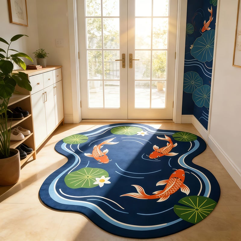 1pc Creative Carp Design Rug With Lotus Leaf Decorative Pattern In Pond 51.18x70.87inch For Bedroom Living Room Sofa Bedside Indoor Decor Art - Image 1