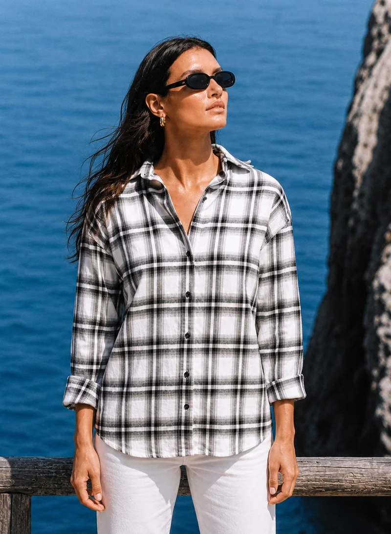 Pinacolada Women's White Checkered Oversized Shirt For Casual Wear | Collared Neck | Long Sleeve | Button Closure | Shirt Crafted With Cotton Comfort Fit For Everyday Wear