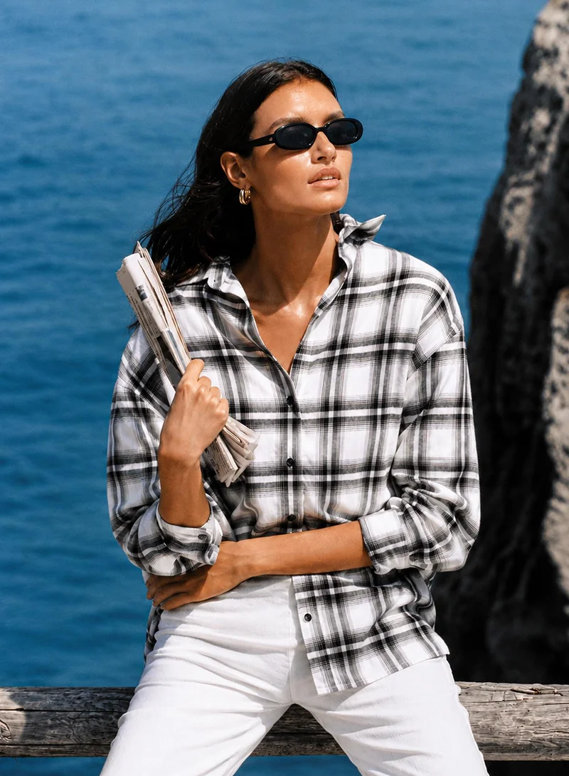 Pinacolada Women's White Checkered Oversized Shirt For Casual Wear | Collared Neck | Long Sleeve | Button Closure | Shirt Crafted With Cotton Comfort Fit For Everyday Wear