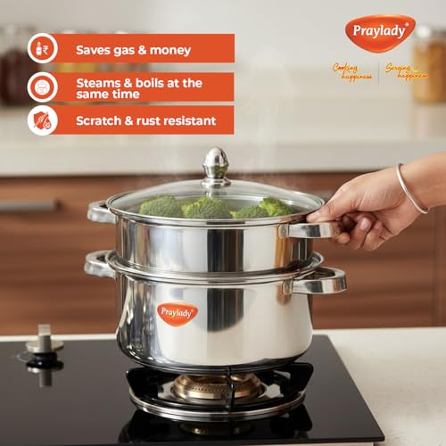 Praylady Triply Base Stainless Steel Steamer Pot | 20 cm | 2.0 L | 2-Tier | ISI Certified | Multi-Use for Idli, Momos, Modak, Vegetables, Dumplings, Pasta & Biryani | Gas, Induction & Dishwasher Safe - Image 5