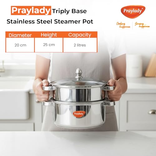 Praylady Triply Base Stainless Steel Steamer Pot | 20 cm | 2.0 L | 2-Tier | ISI Certified | Multi-Use for Idli, Momos, Modak, Vegetables, Dumplings, Pasta & Biryani | Gas, Induction & Dishwasher Safe - Image 2