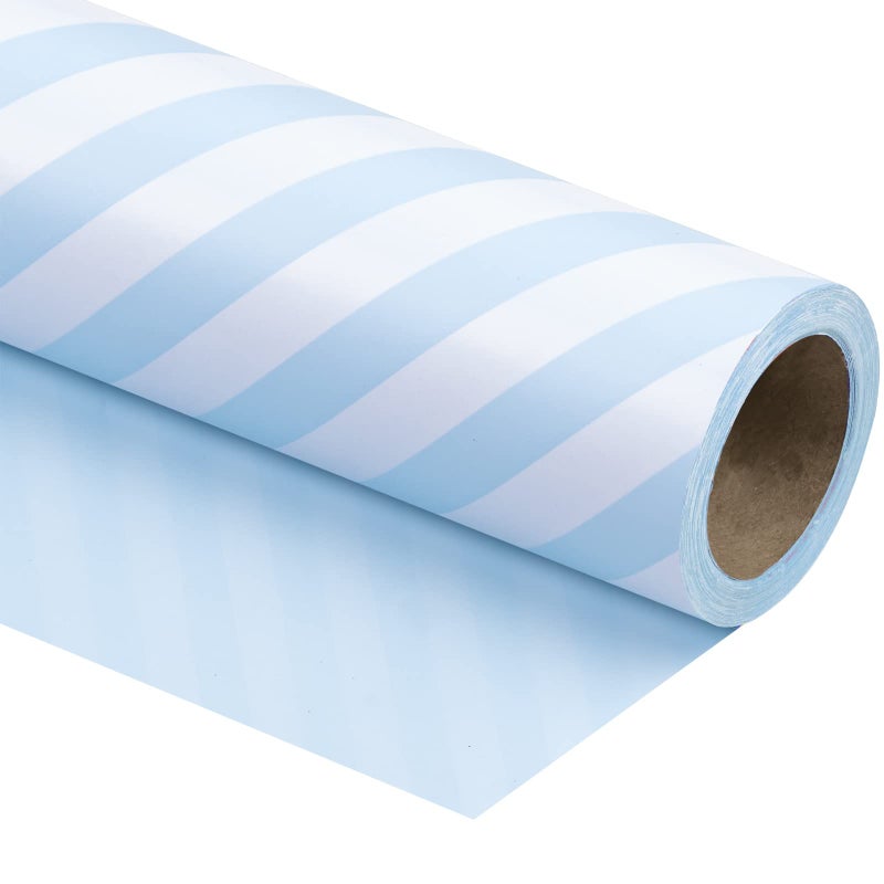 WRAPAHOLIC 30 Inch Reversible Baby Blue Wrapping Paper Jumbo Roll Baby Blue and Stripes Design for Birthday Holiday Wedding Baby Shower 30 inch x 33 feet