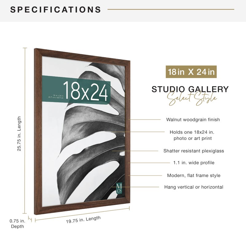 MCS Studio Gallery 18x24 Poster Frame Walnut Woodgrain Engineered Wood, Vertical & Horizontal Wall Hanging Large Picture Frame for Photos, Posters & Art Prints (1-Pack) - Image 4
