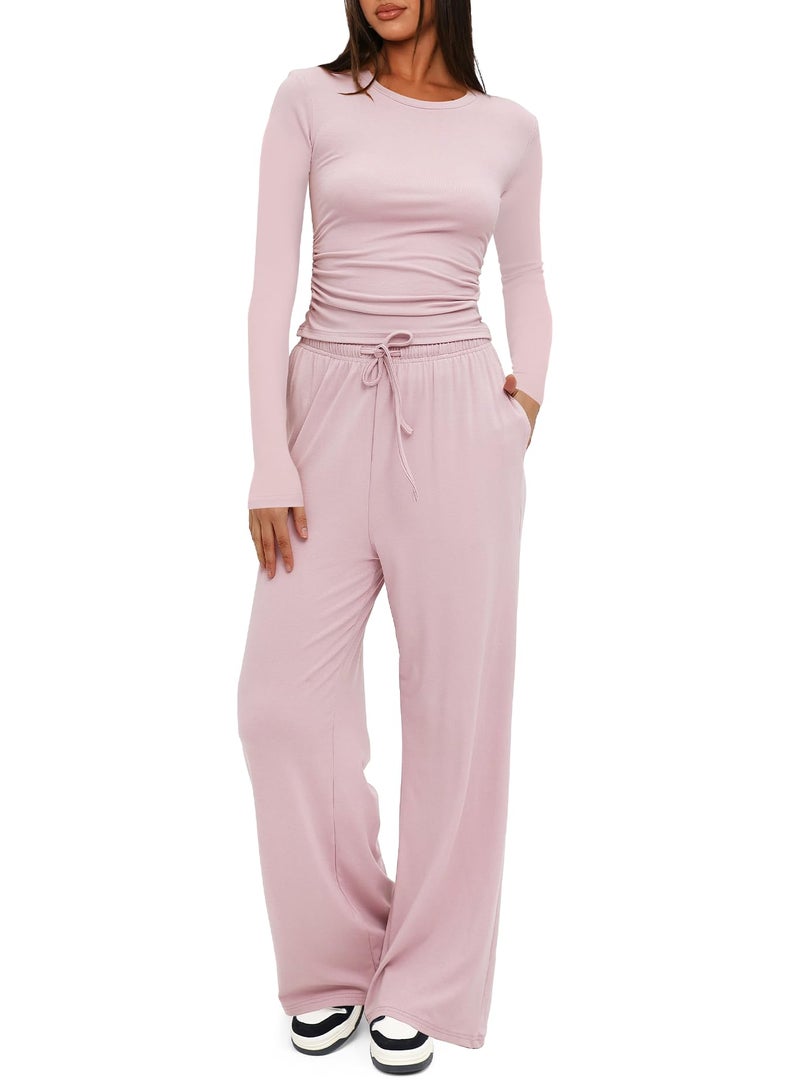 Darong Womens Lounge Sets 2 Piece Outfits Long Sleeve Two Piece Fall 2026 Outfits Casual Matching Tracksuit Clothes 9065A Light Pink XL - Image 1